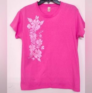 🌞 Anvil Hawaii barbiecore pink short sleeve tee crew neck hibiscus flowers M
